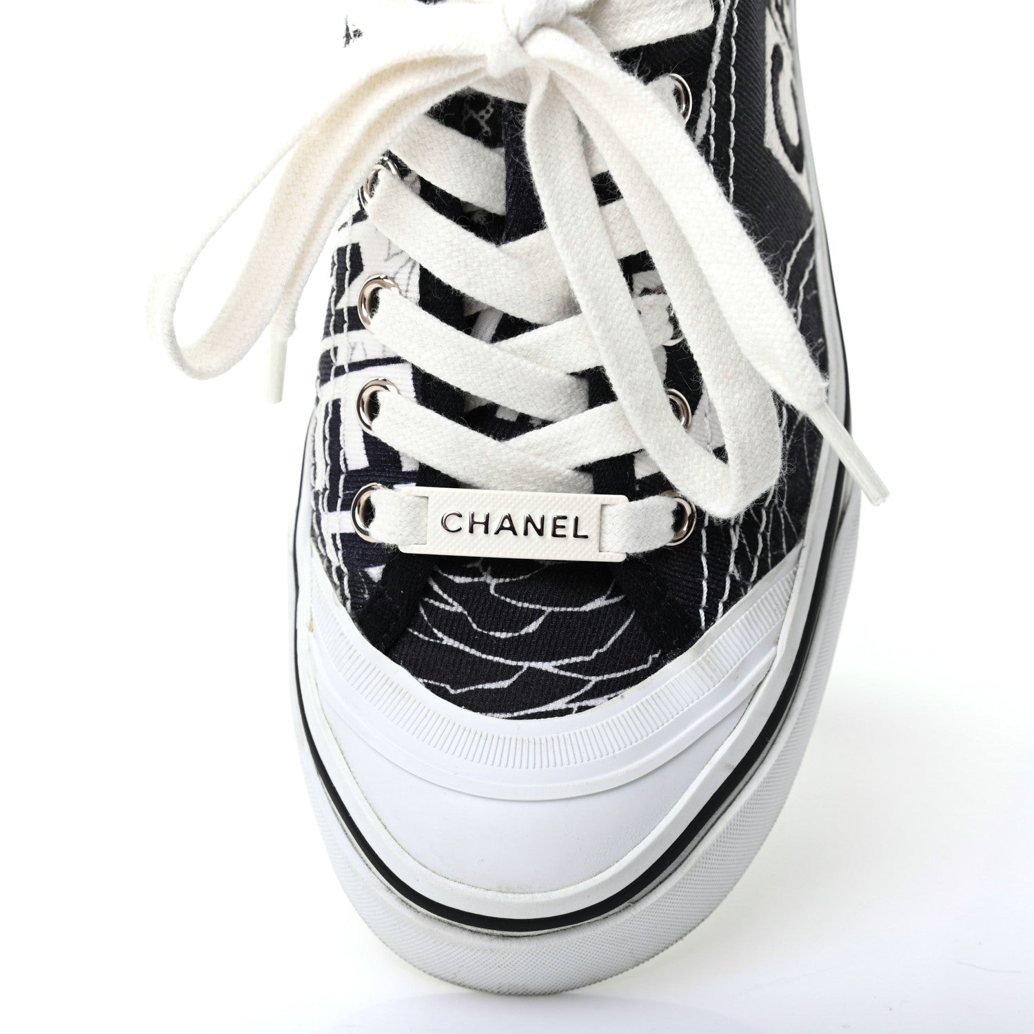 Chanel Printed Fabric Low Top Logo Sneakers 36 White Black 9 of 10