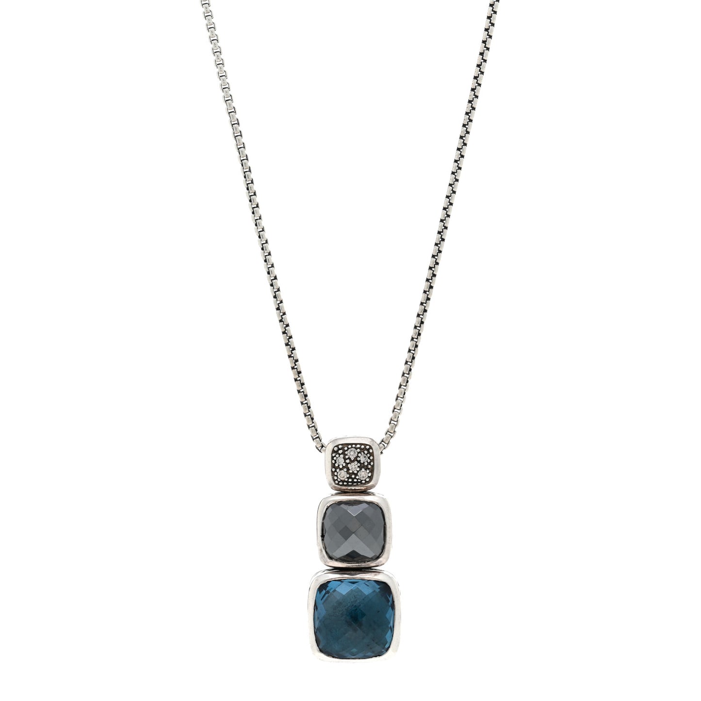 Sterling Silver Diamond Blue Topaz Hematite Chiclet Drop Necklace