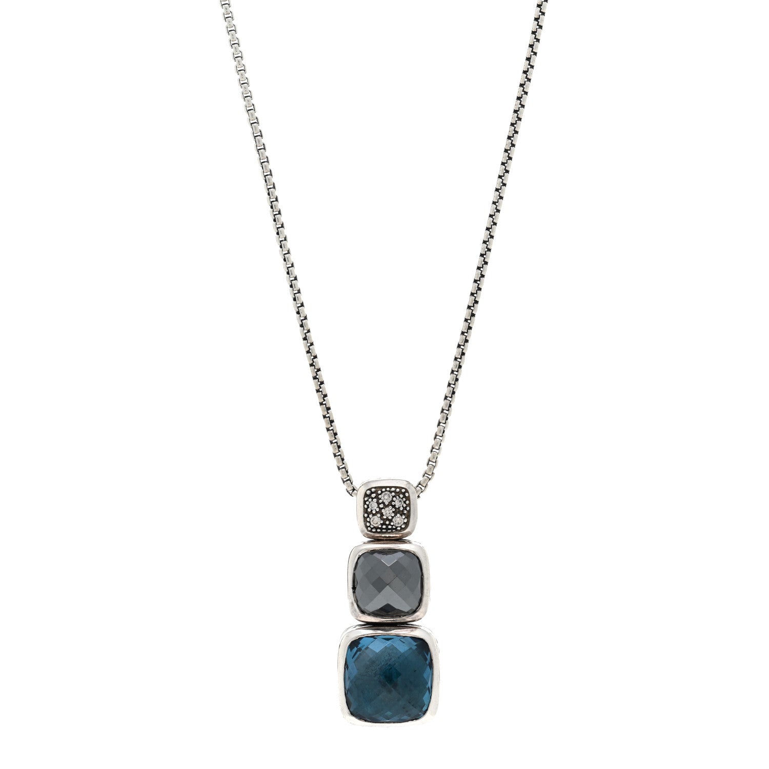 David Yurman Sterling Silver Diamond Blue Topaz Hematite Chiclet Drop Necklace 1 of 4