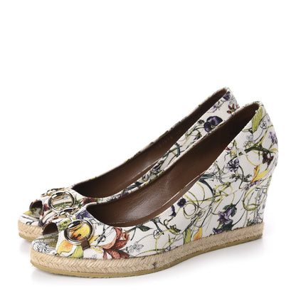Gucci Canvas Flora Infinity Horsebit Peep Toe Wedges 40 White Multicolor Acero 3 of 9