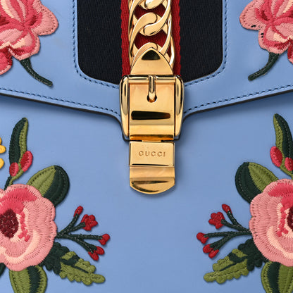 Gucci Calfskin Embroidered Medium Sylvie Top Handle Bag Clear Sky Blue 9 of 11