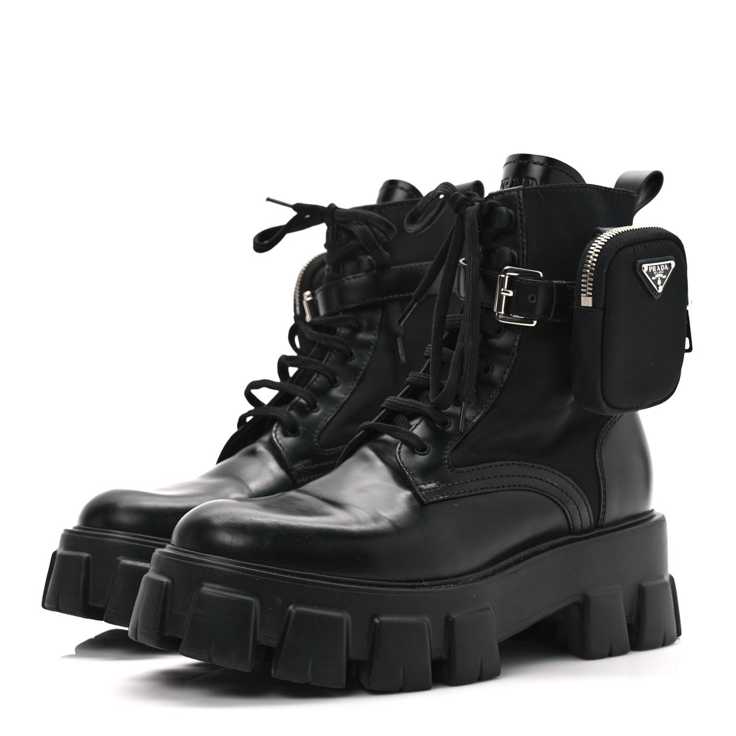 Prada Spazzolato Rois Re-Nylon Metal Triangle Logo Monolith Pouch Pocket 55mm Boots 40 Black 3 of 10