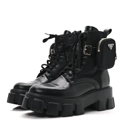 Prada Spazzolato Rois Re-Nylon Metal Triangle Logo Monolith Pouch Pocket 55mm Boots 40 Black 3 of 10