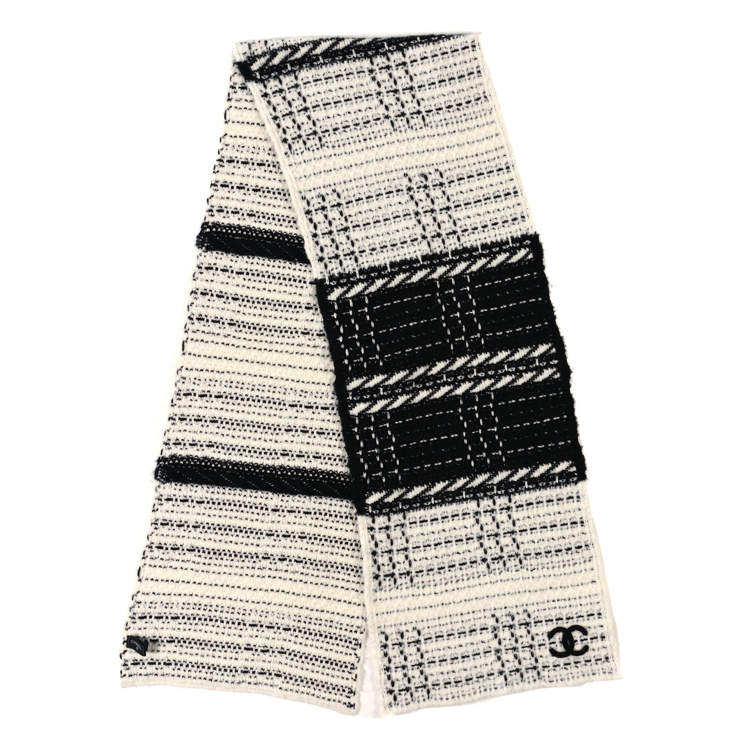 Chanel Wool Cashmere Silk Knit CC Scarf Black White 2 of 4