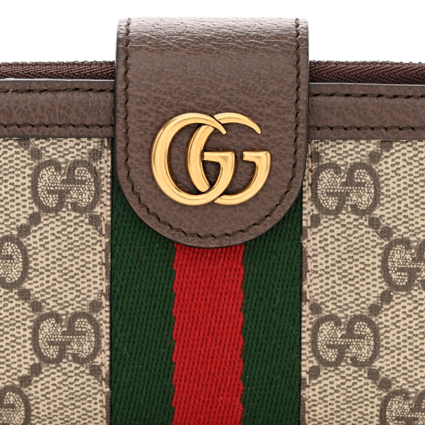 GG Supreme Monogram Textured Dollar Calfskin Web Ophidia Overlay Zip Around Card Case Wallet Beige Ebony New Acero