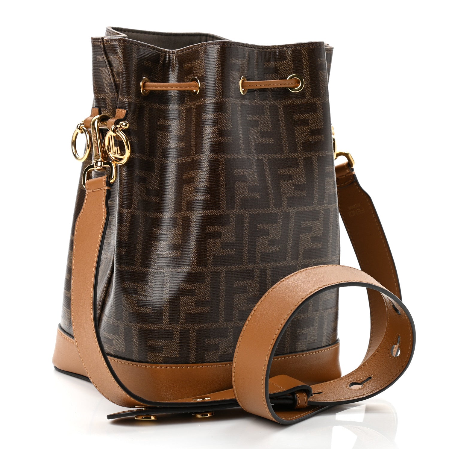 Fendi Glazed Fabric Vitello Grace F is Fendi FF 1974 Stamp Patch Grande Mon Tresor Bucket Bag Mogano Panna Nocciola 3 of 10