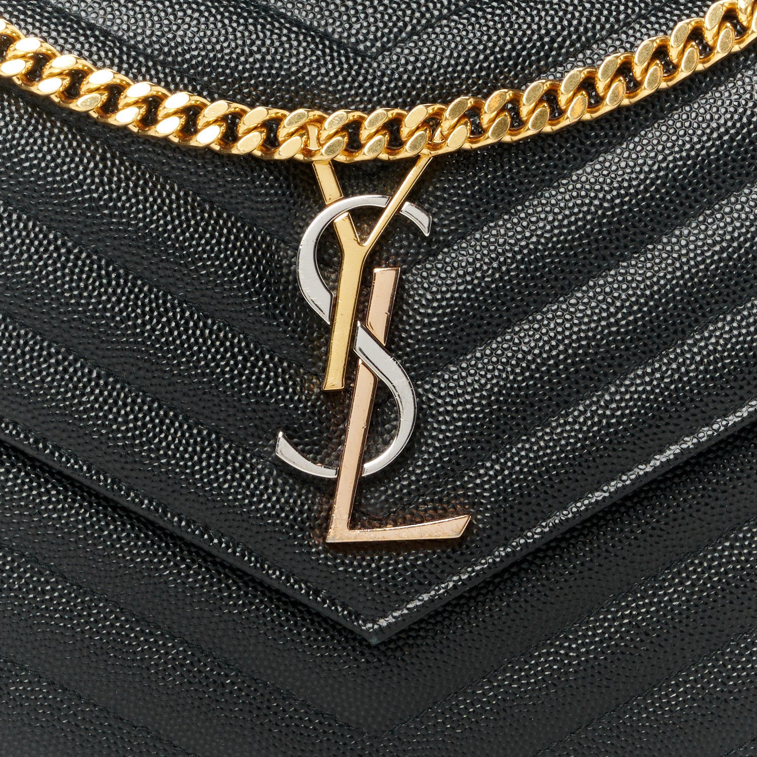 Saint Laurent Grain De Poudre Matelasse Chevron Monogram Chain Wallet Black 7 of 10