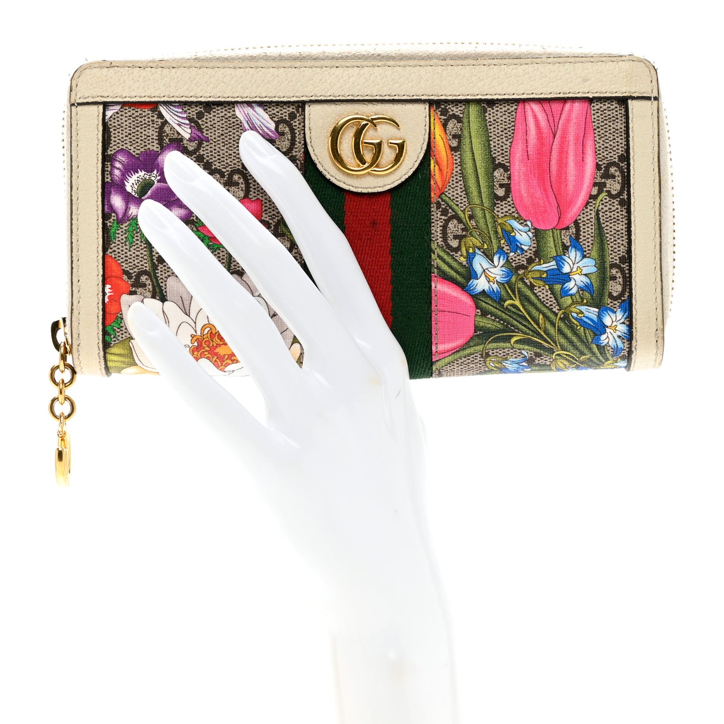 GG Supreme Monogram Flora Ophidia Zip Around Wallet White