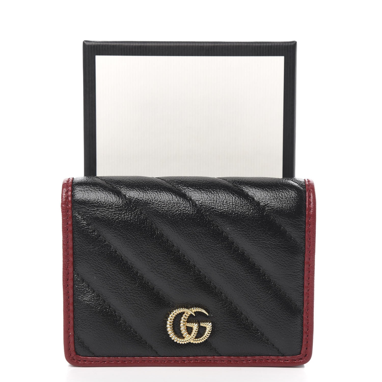 Gucci Vintage Effect Calfskin Matelasse Diagonal Torchon GG Marmont Card Case Wallet Black Romantic Cherry 8 of 8