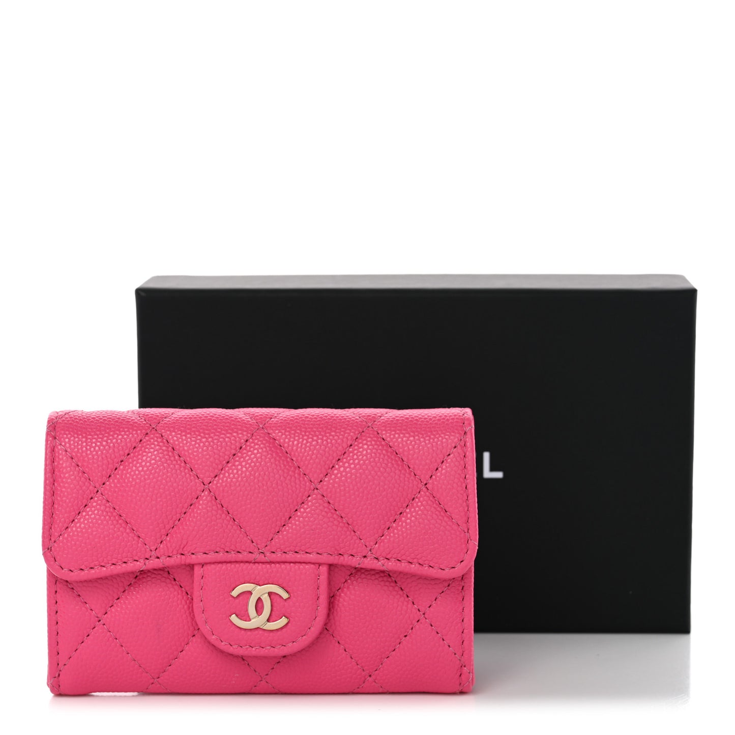 Caviar Quilted Flap Card Holder Wallet Pink
