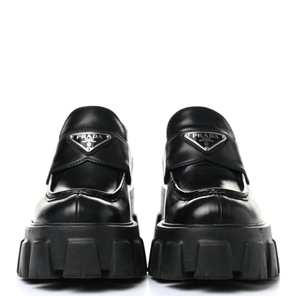Prada Spazzolato Rois Metal Triangle Logo Monolith 55mm Loafers 37 Black 2 of 11