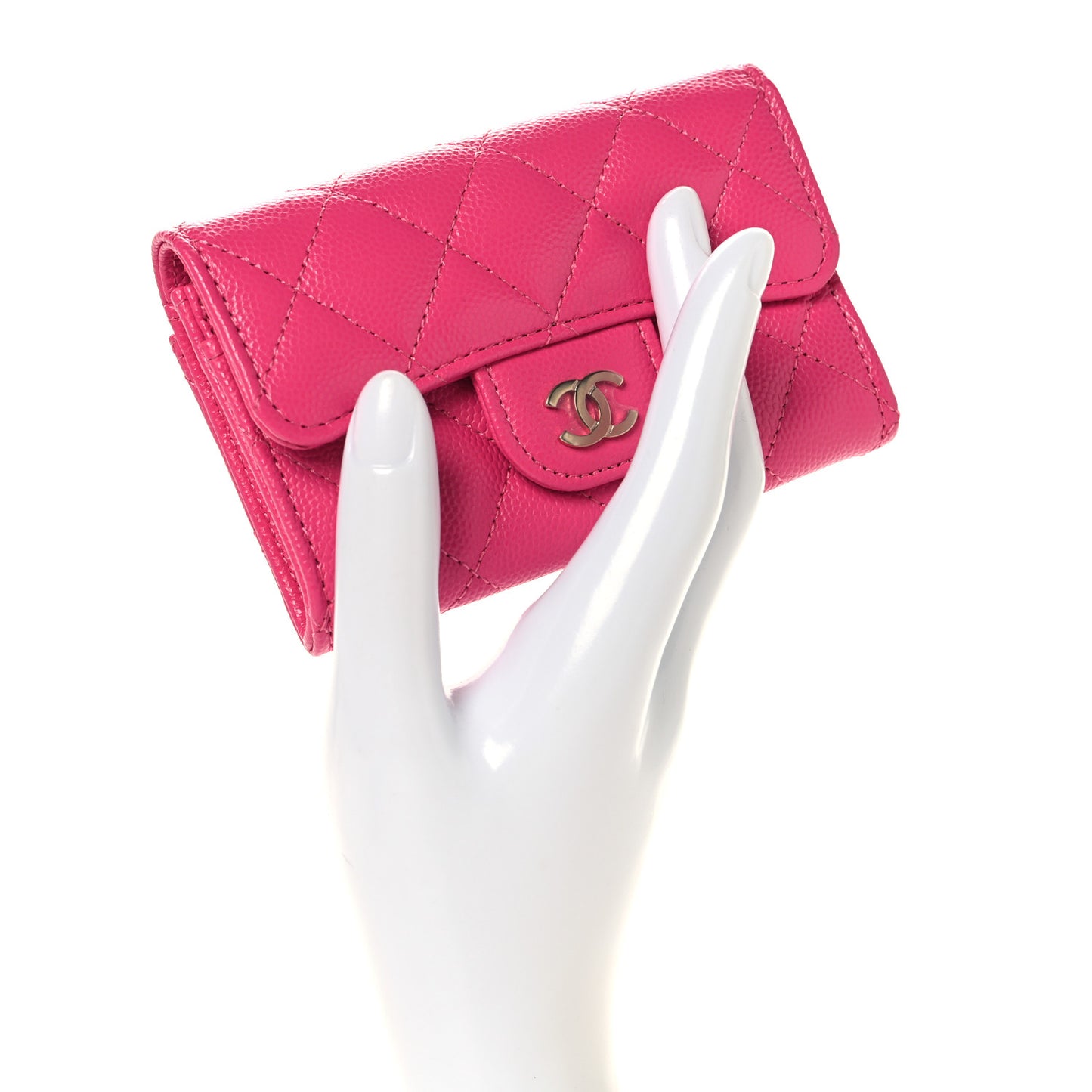 Caviar Quilted Flap Card Holder Wallet Dark Pink