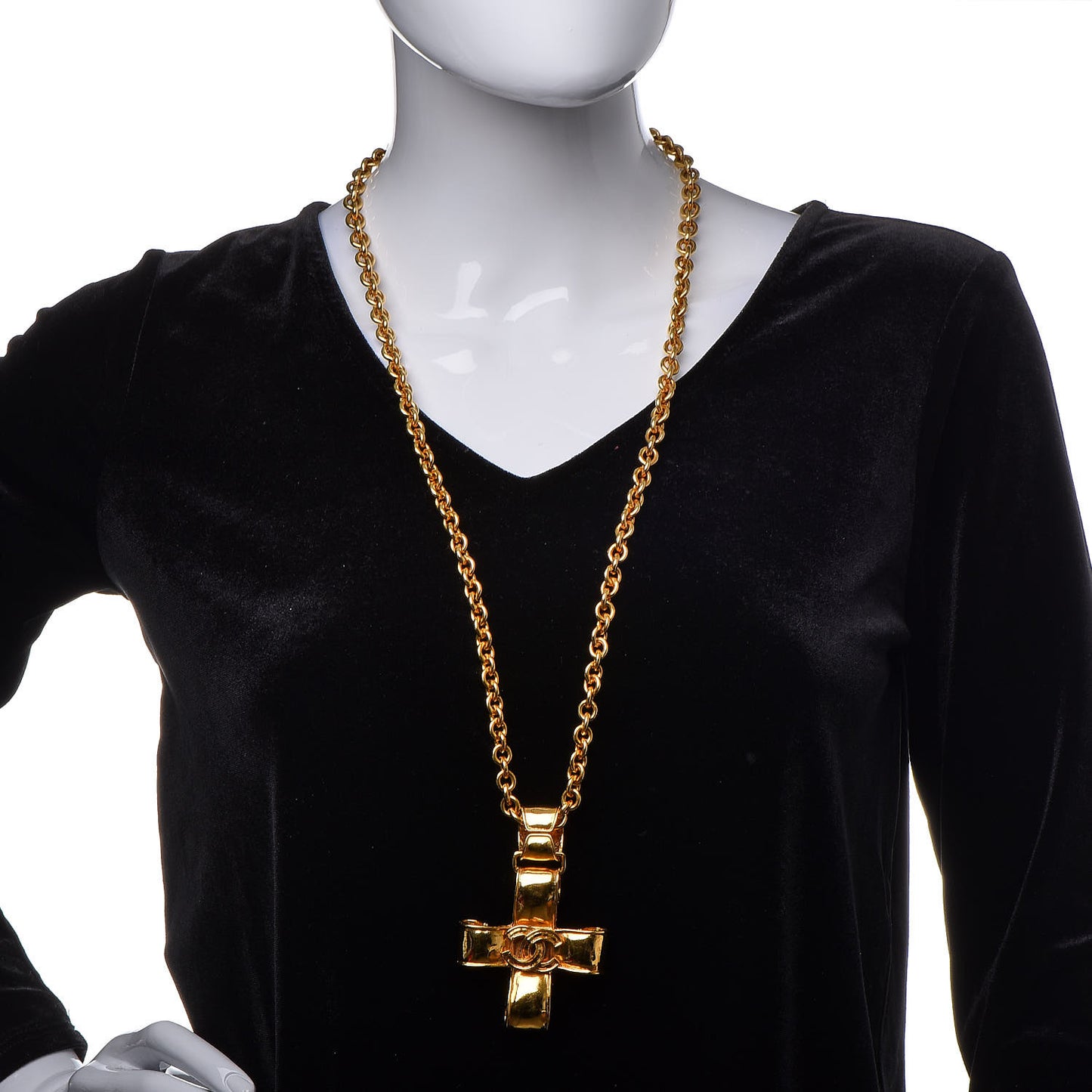 Long CC Cross Pendant Necklace Gold