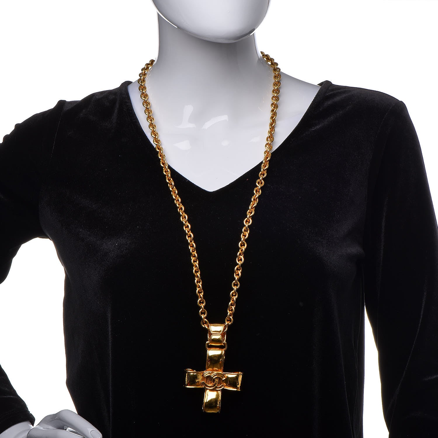 Chanel Long CC Cross Pendant Necklace Gold 2 of 4