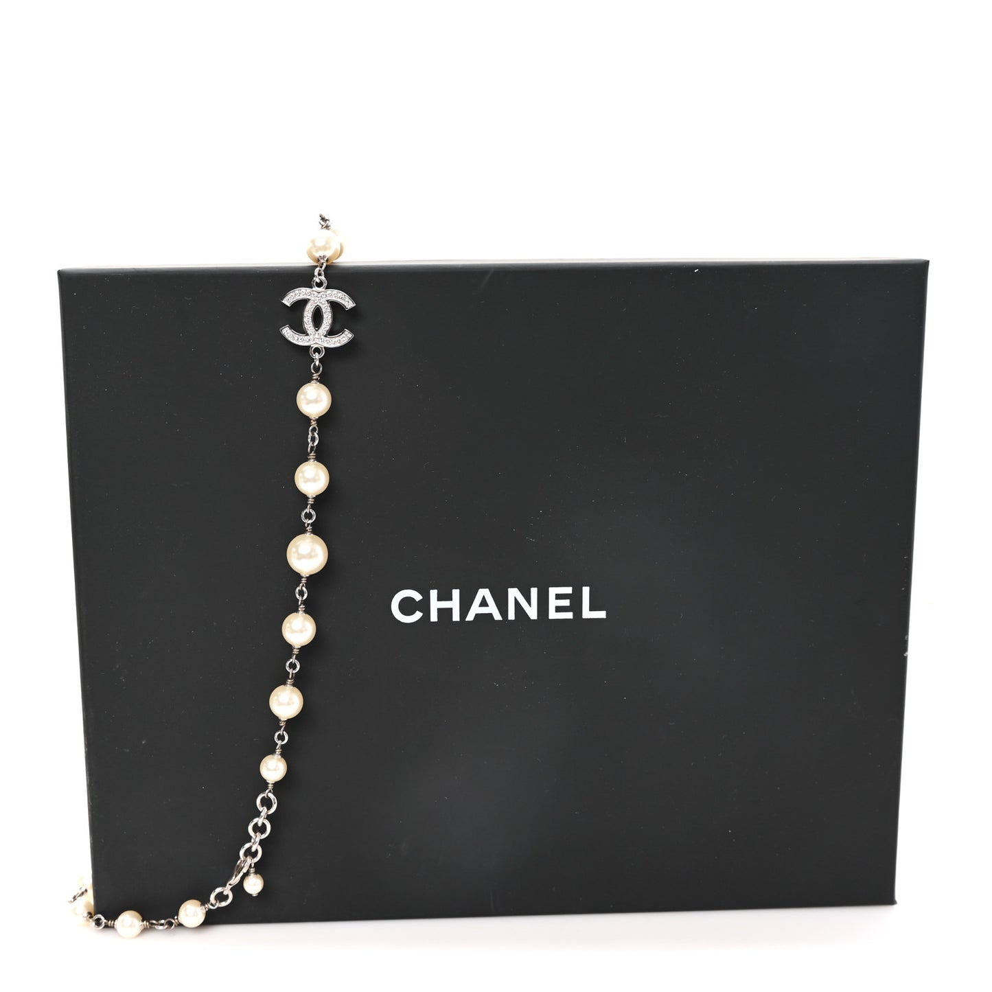 Crystal Pearl CC Long Necklace Silver