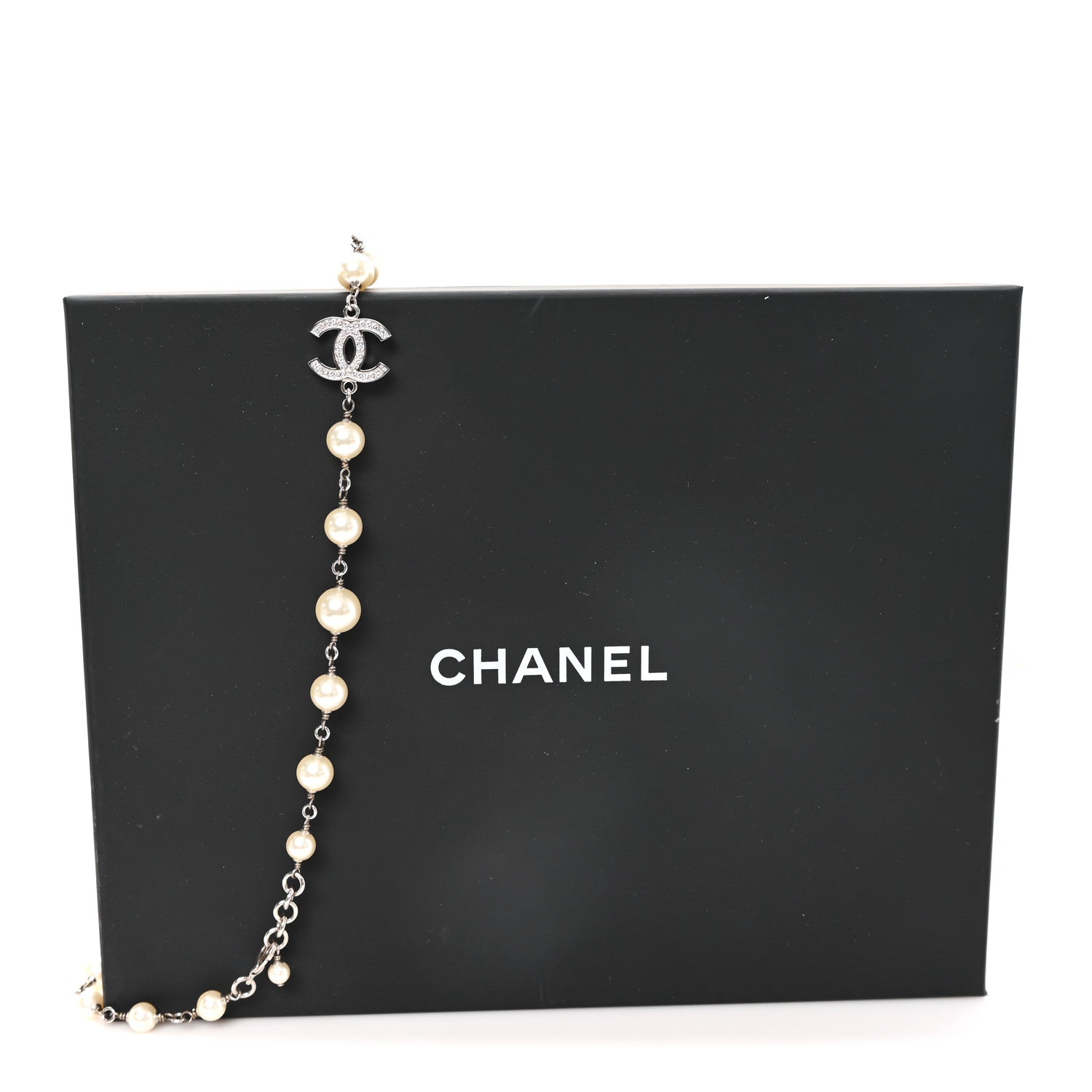 Chanel Crystal Pearl CC Long Necklace Silver 5 of 5