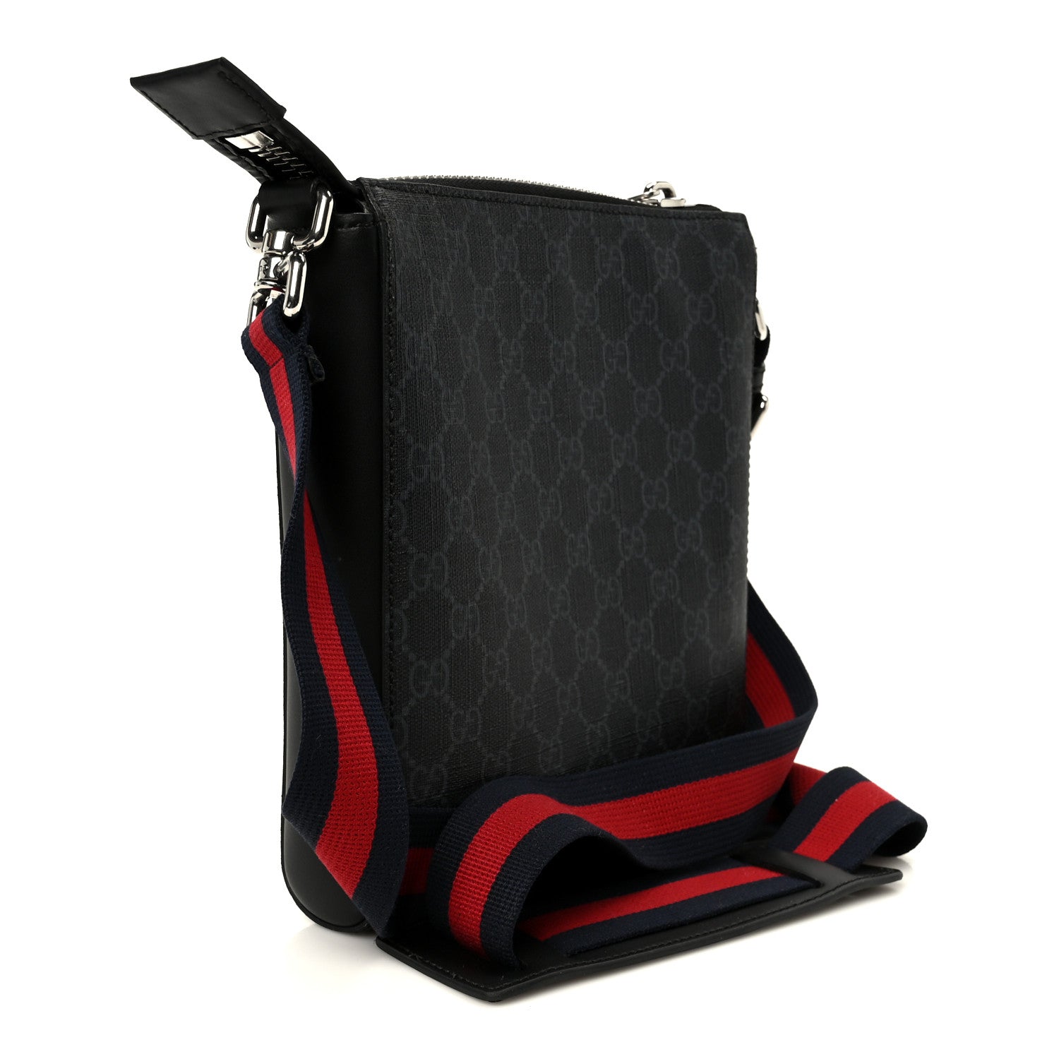 Gucci GG Supreme Monogram Web Small Flat Messenger Bag Black Grey 3 of 11