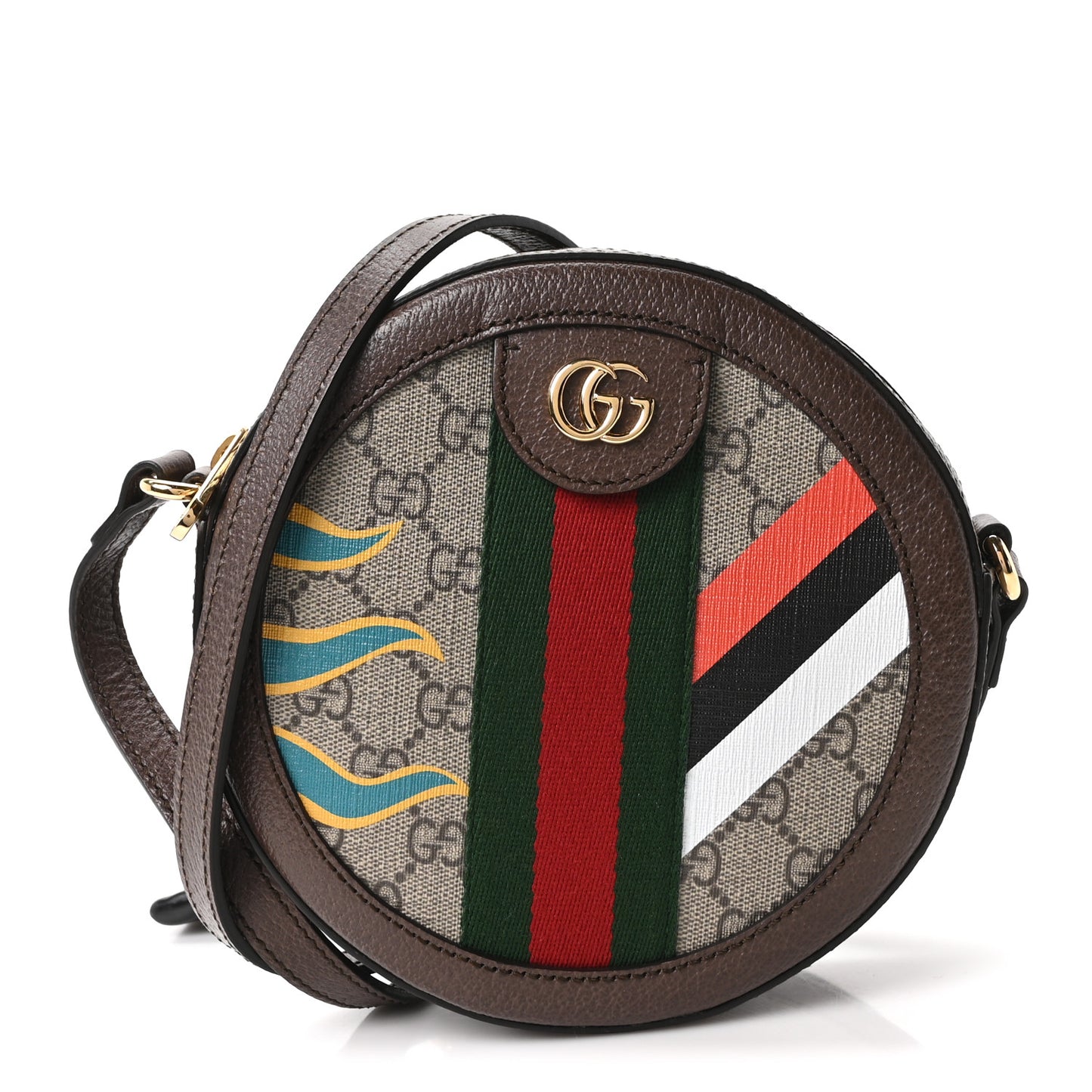 GG Supreme Monogram Equestrian Web Mini Ophidia Round Shoulder Bag Brown