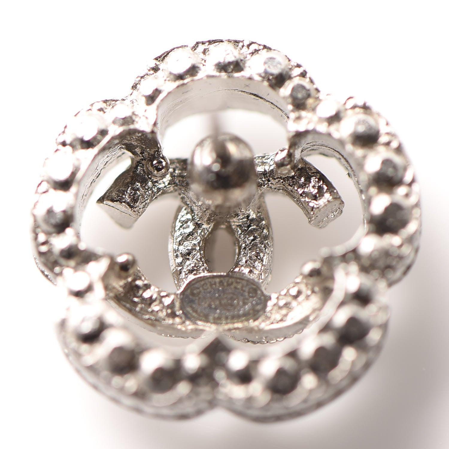 Chanel Crystal Coco Flapper Camellia CC Stud Earrings Silver 4 of 5