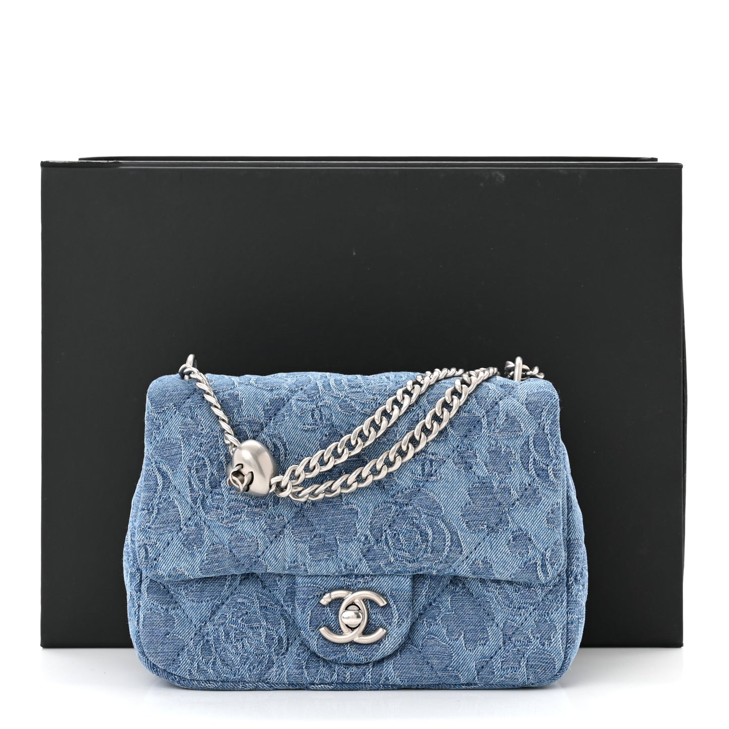Denim Quilted Camellia Sweetheart Mini Flap Blue