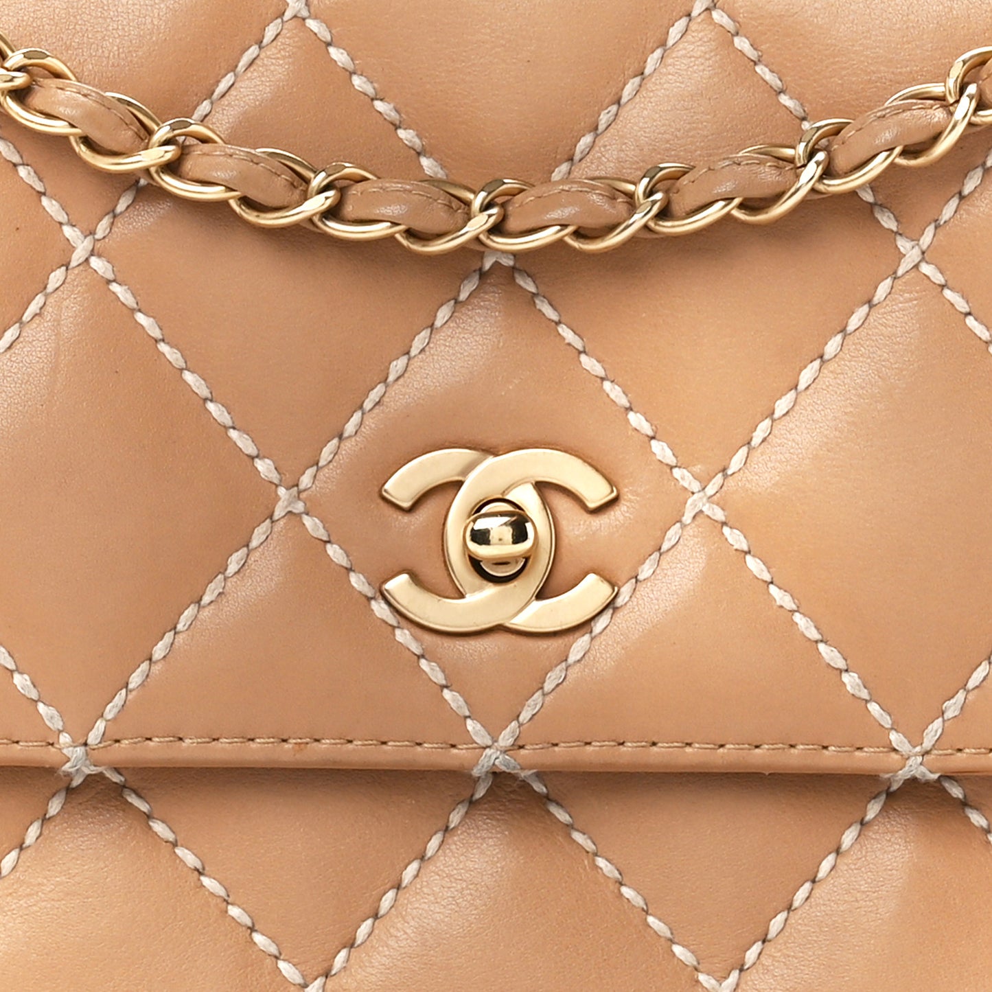 Calfskin Quilted Medium Wild Stitch Flap Beige