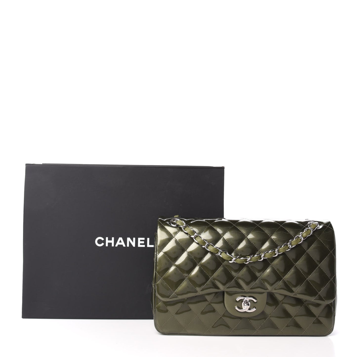 Striated Patent Quilted Jumbo Double Flap Green