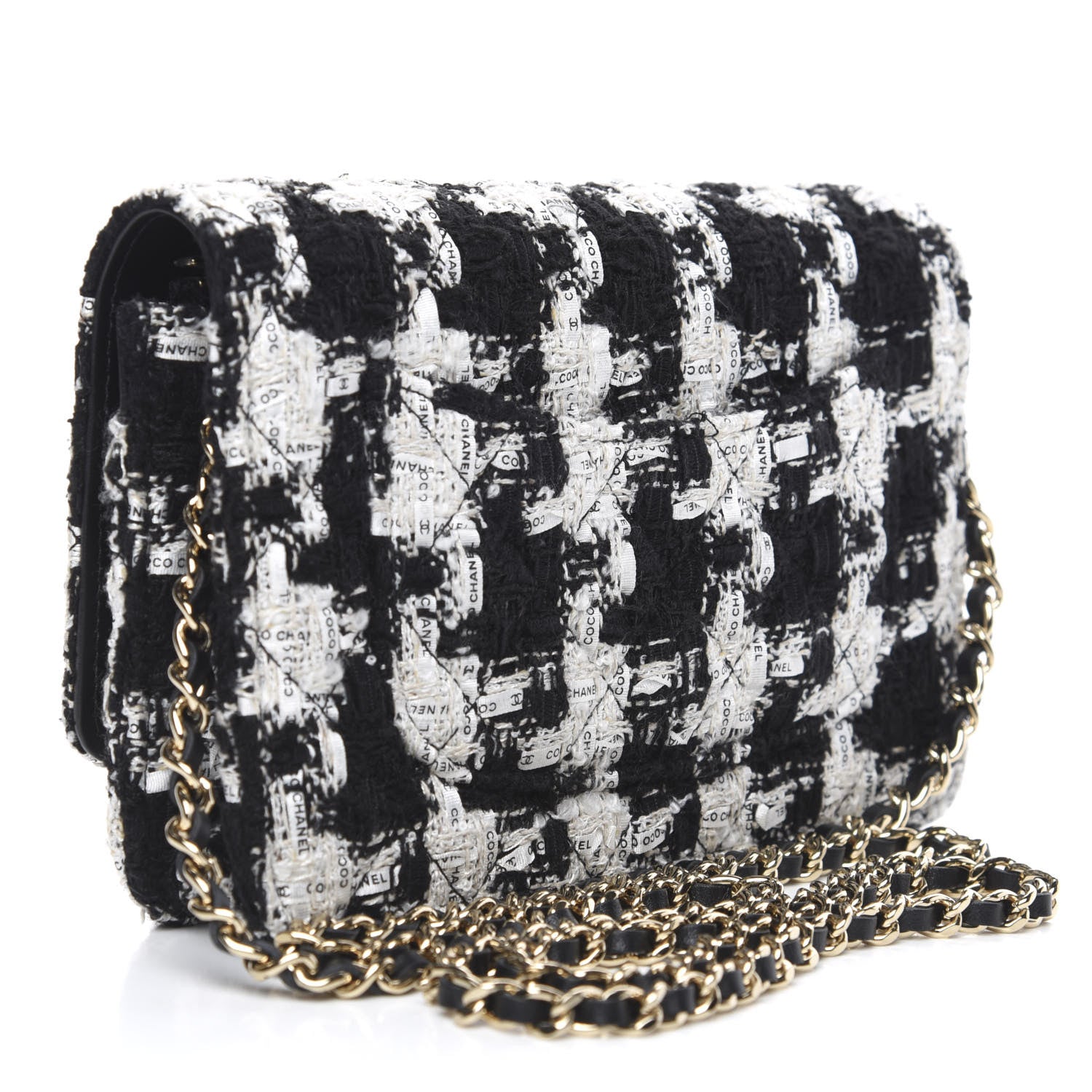 Chanel Tweed Quilted Wallet On Chain WOC Black Ecru White 3 of 11