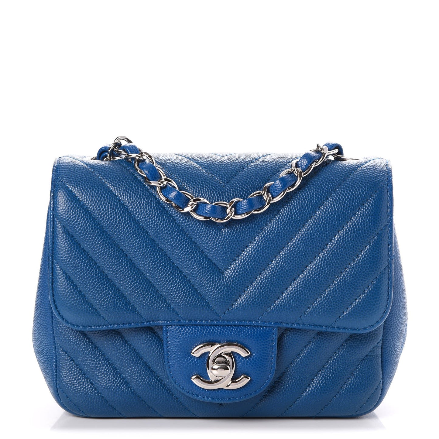 Caviar Chevron Quilted Mini Square Flap Blue