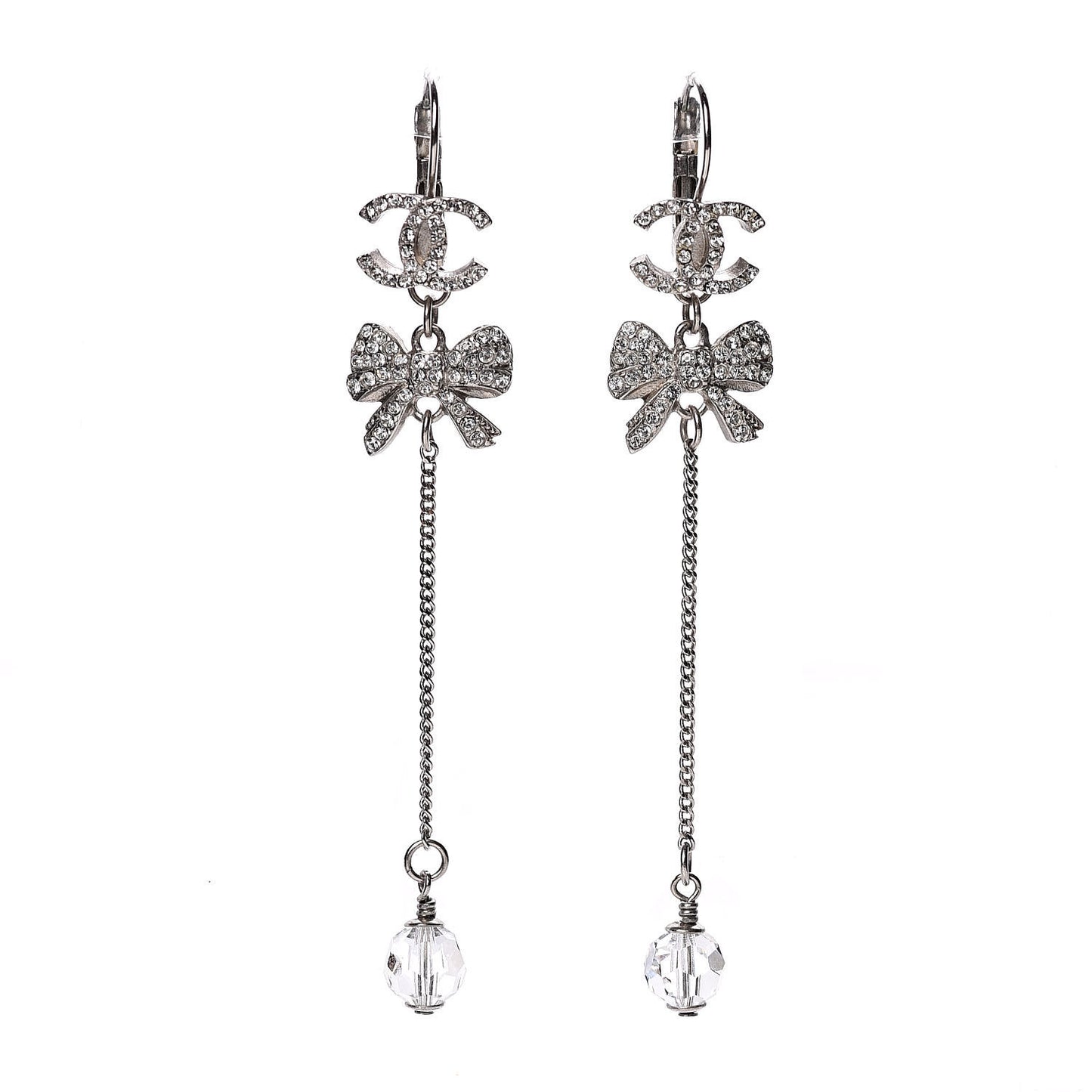 Crystal CC Bow Drop Earrings Silver
