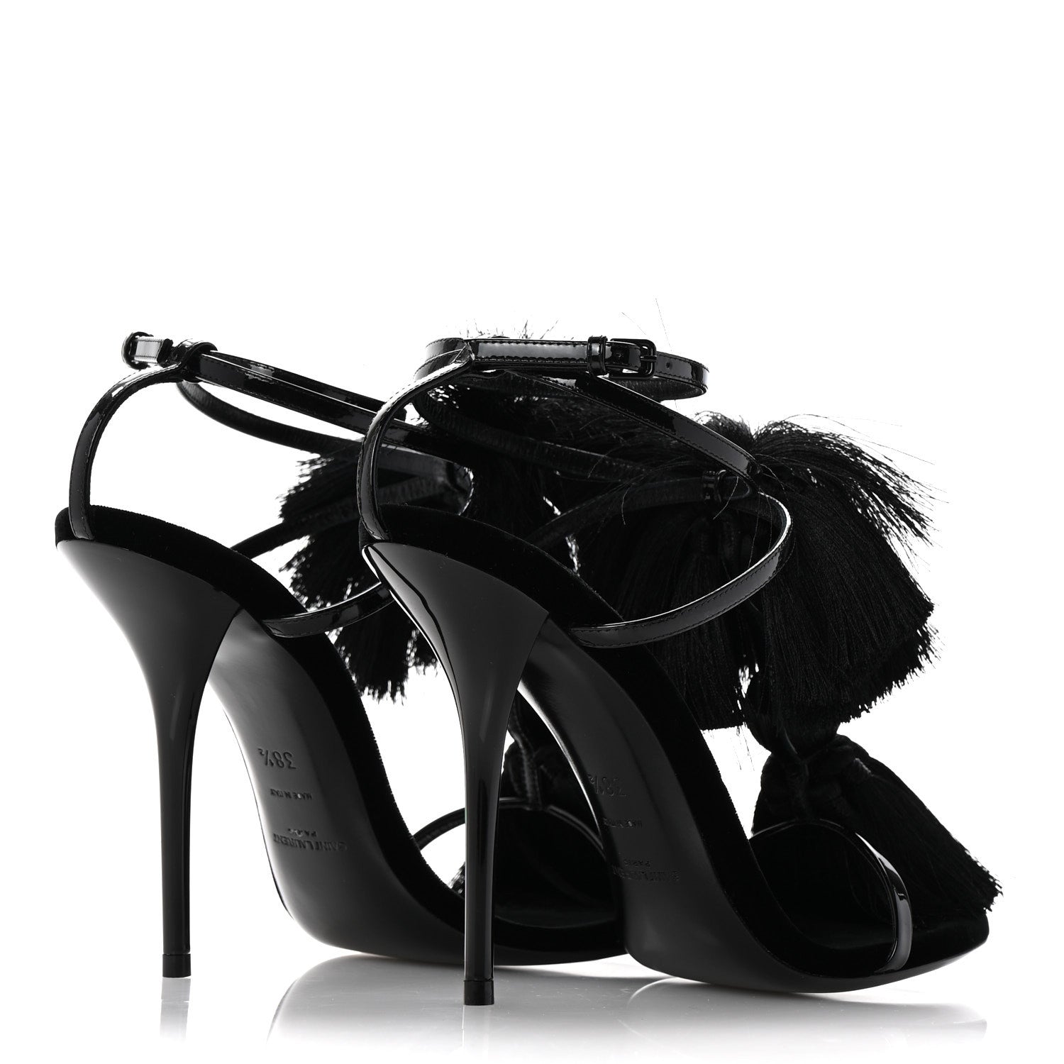 Saint Laurent Vernice Chiffon Tassel Embellished Pierre Pon Pon 110 Sandals 38.5 Black 5 of 9