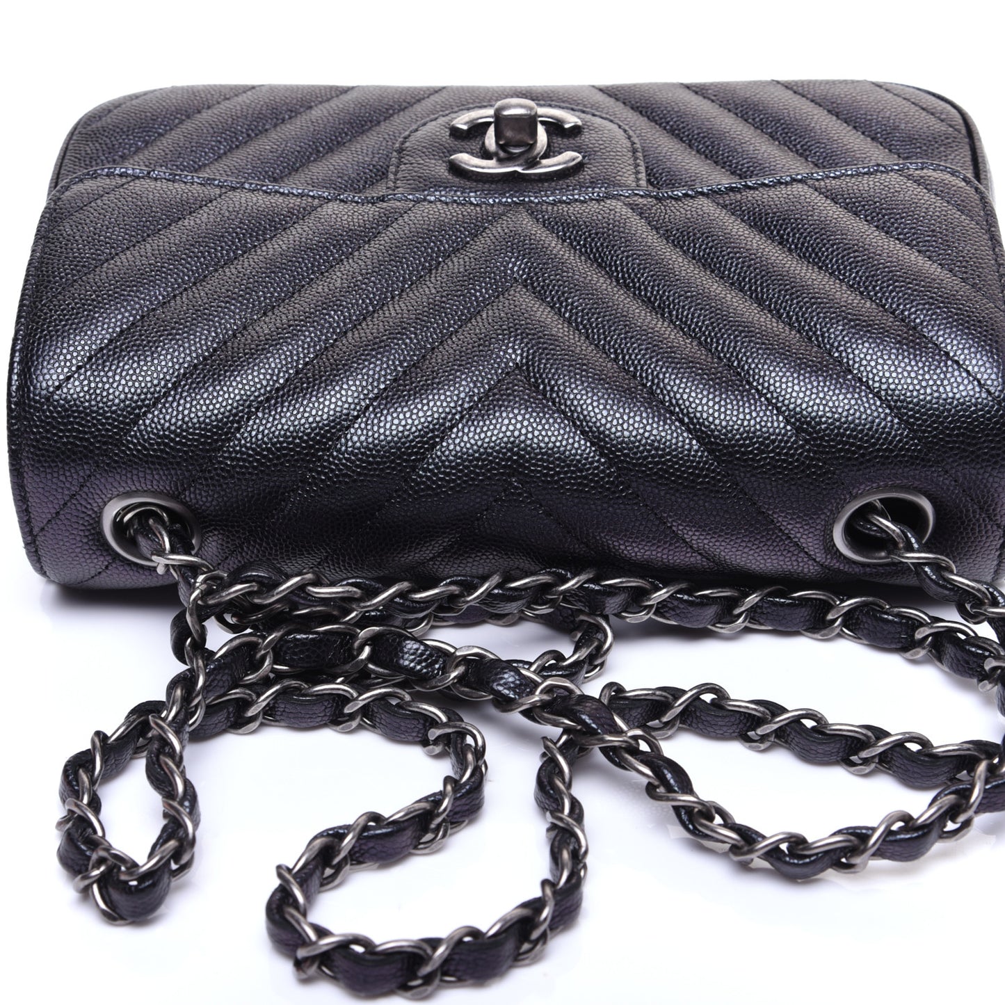 Metallic Caviar Chevron Quilted Mini Rectangular Flap Black