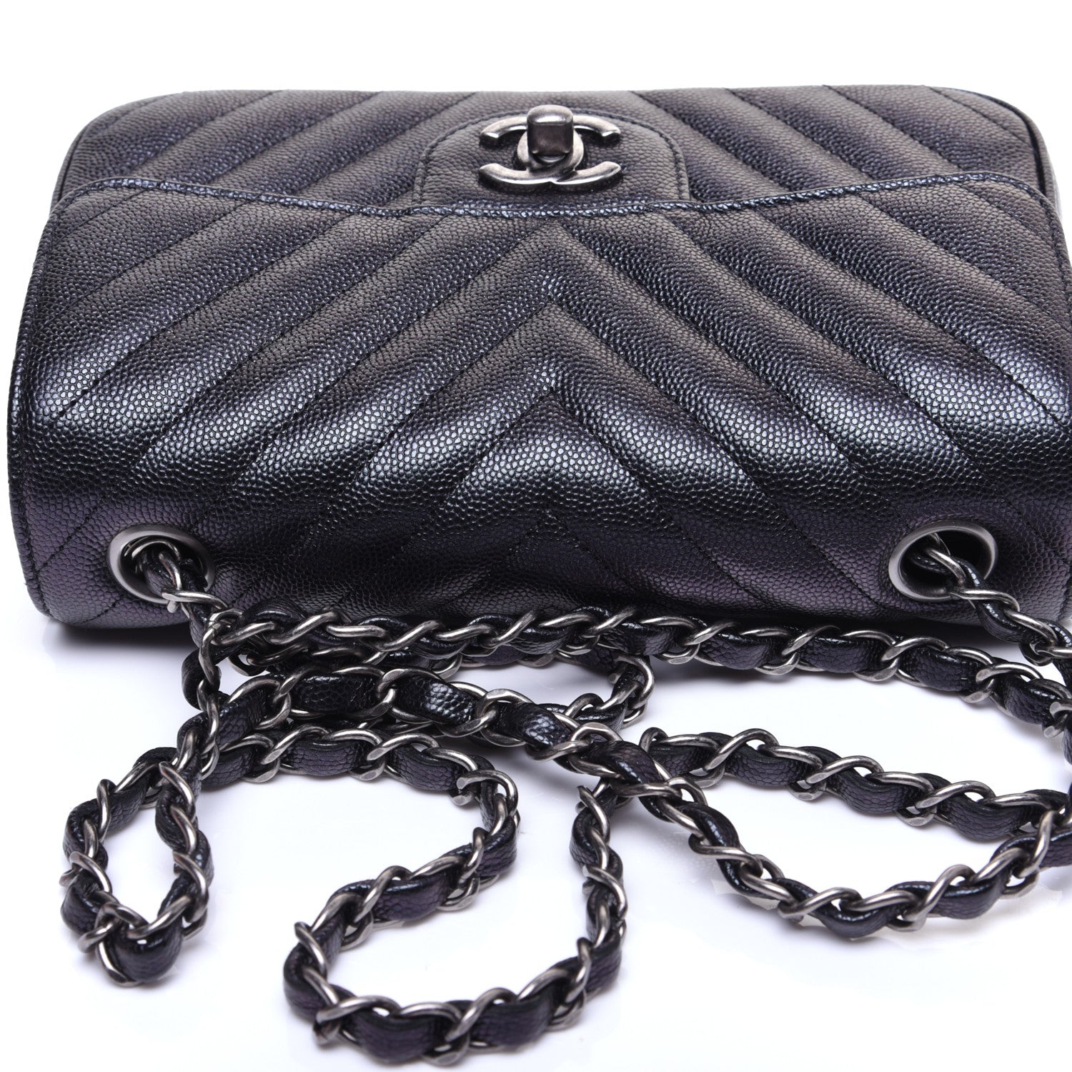 Chanel Metallic Caviar Chevron Quilted Mini Rectangular Flap Black 11 of 13
