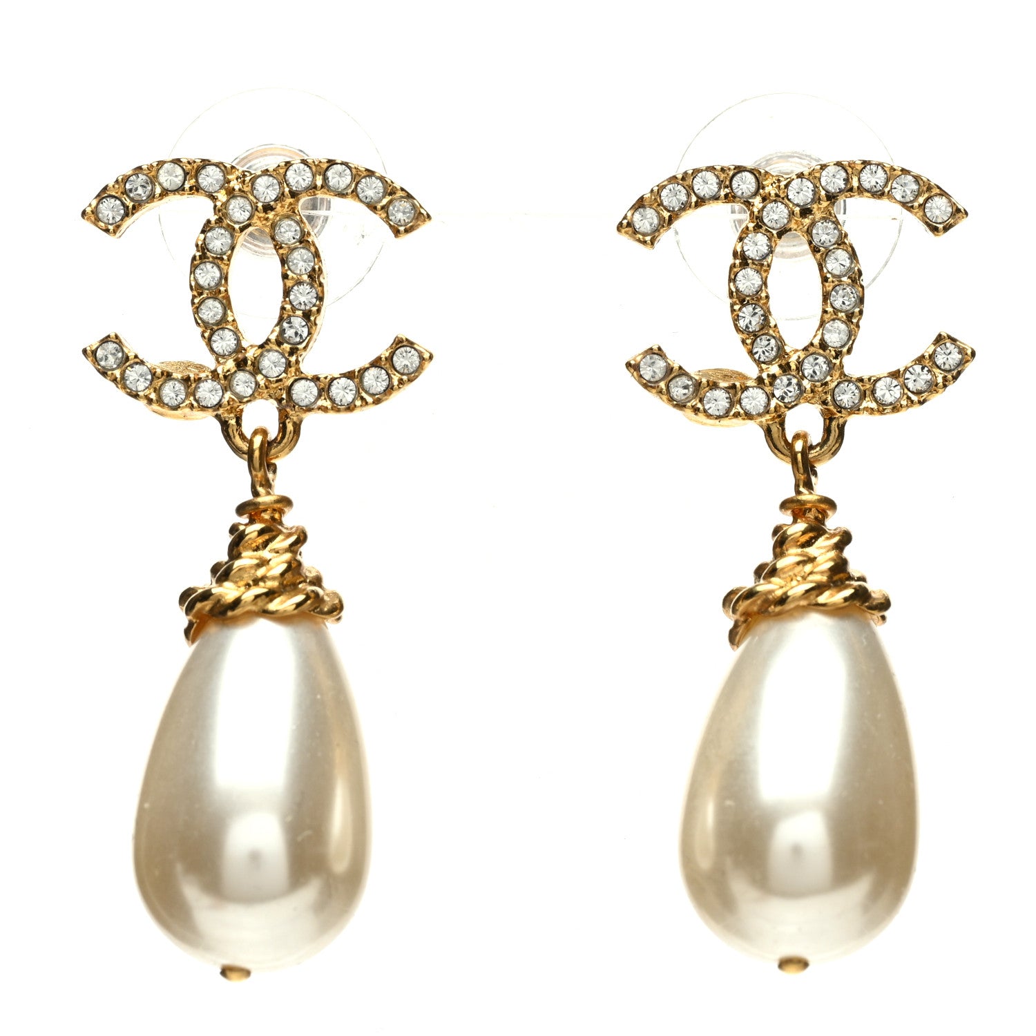 Chanel Crystal Pearl CC Braided Drop Earrings Gold 1 of 5