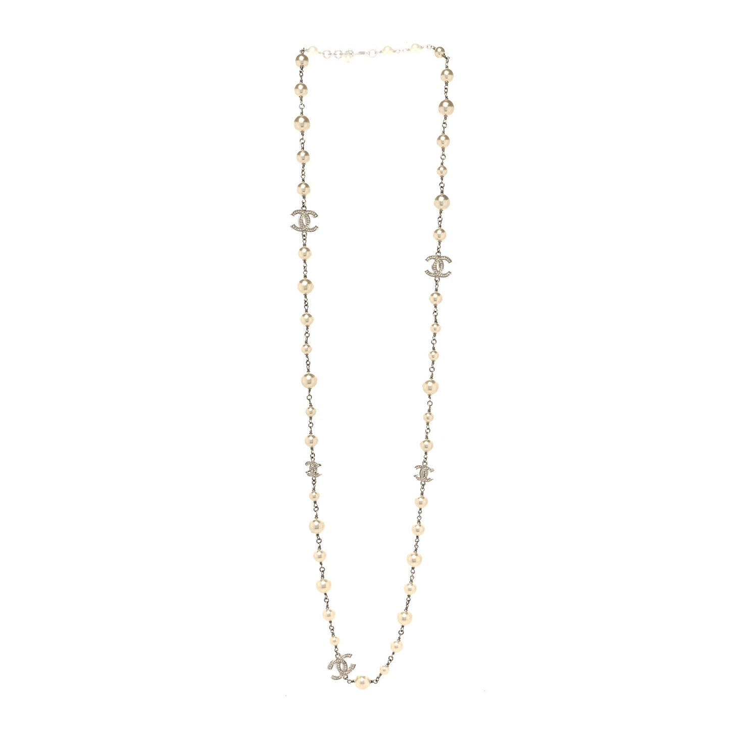 Graduated Pearl Crystal CC Long Necklace Silver