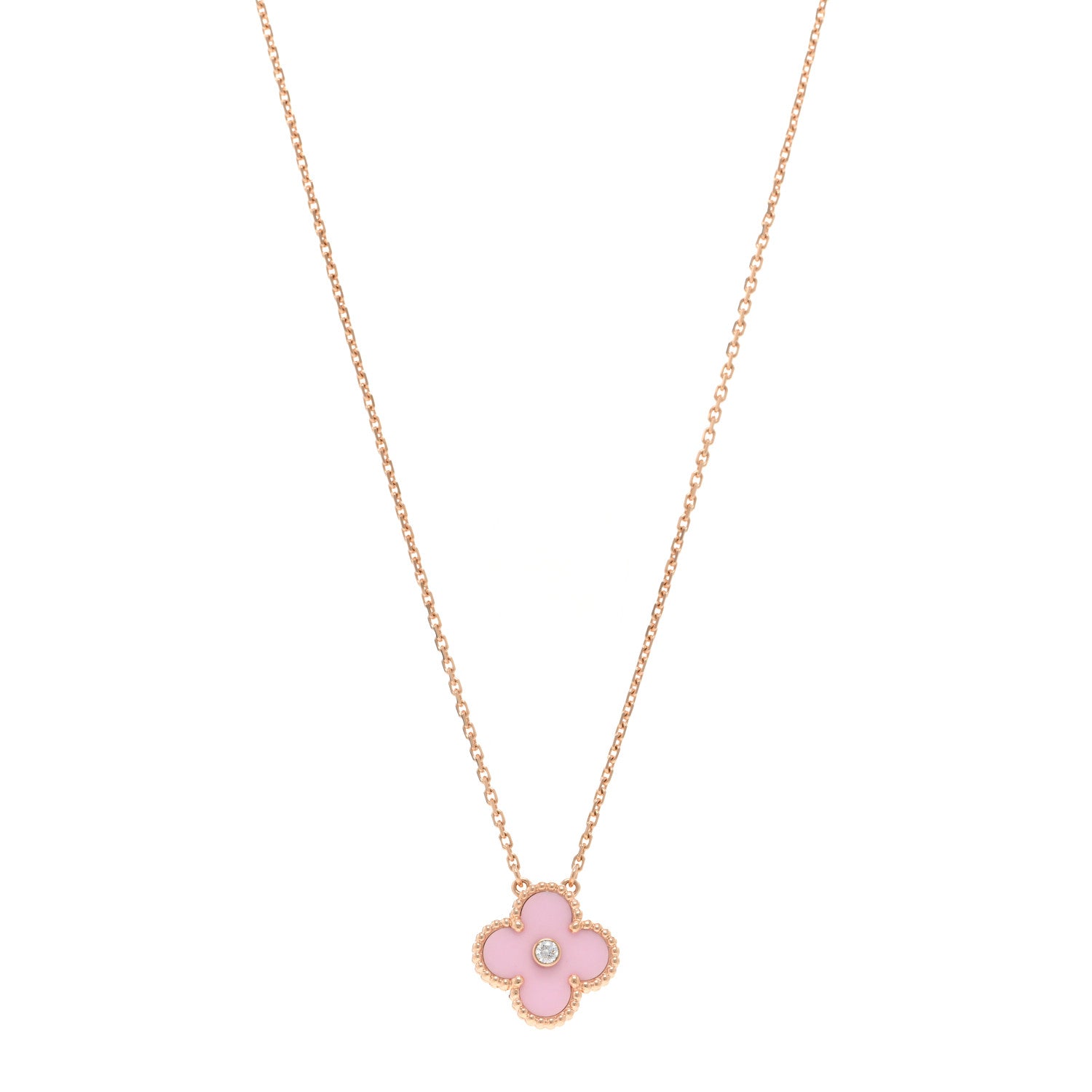 Van Cleef & Arpels 18K Rose Gold Diamond Pink Porcelain Vintage Alhambra Pendant Necklace 1 of 6