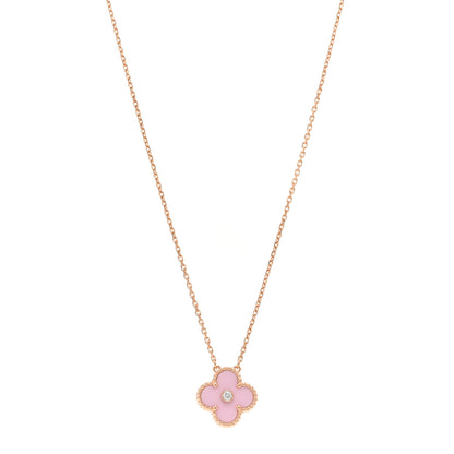 Van Cleef & Arpels 18K Rose Gold Diamond Pink Porcelain Vintage Alhambra Pendant Necklace 1 of 6