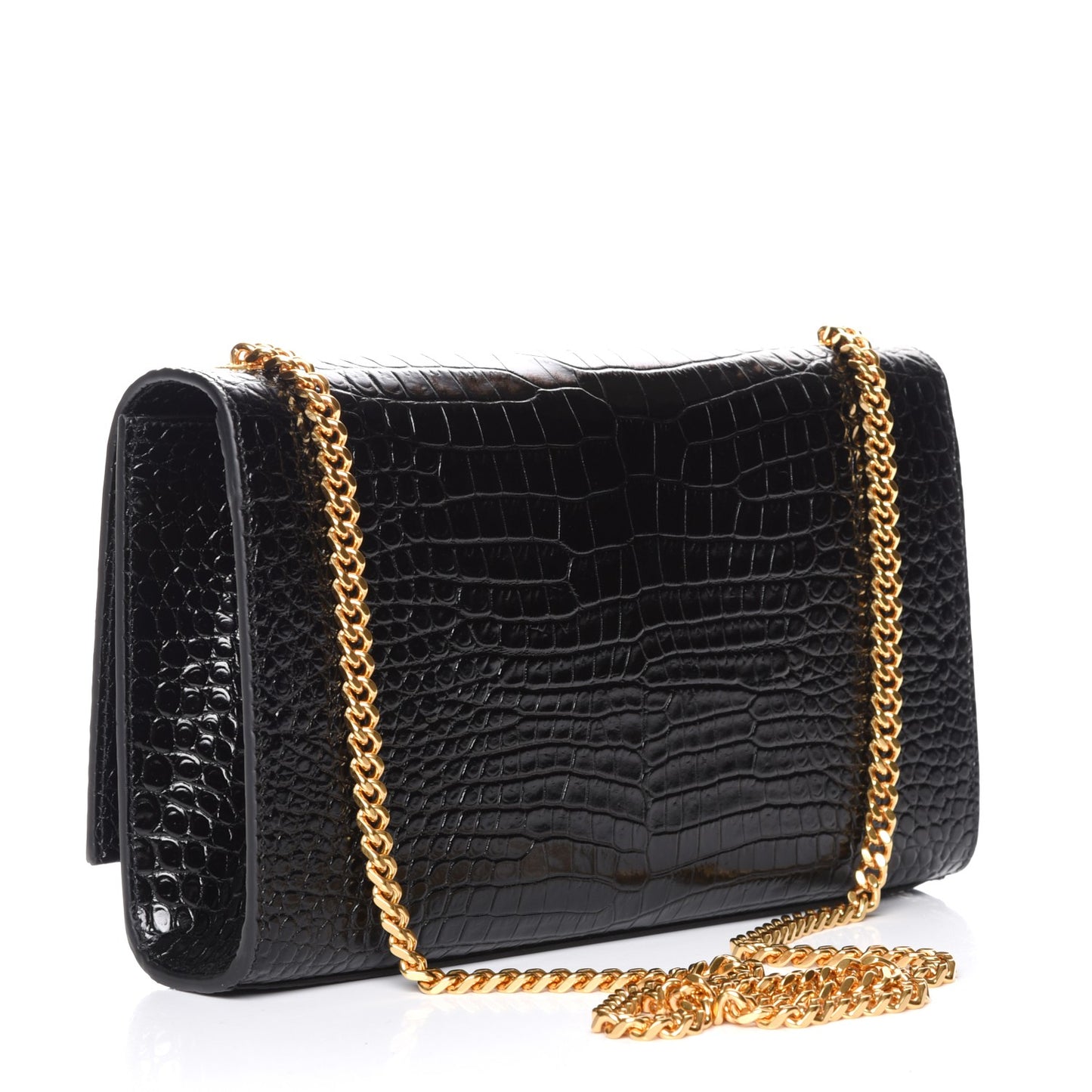 Calfskin Crocodile Embossed Medium Classic Monogram Kate Tassel Satchel Black
