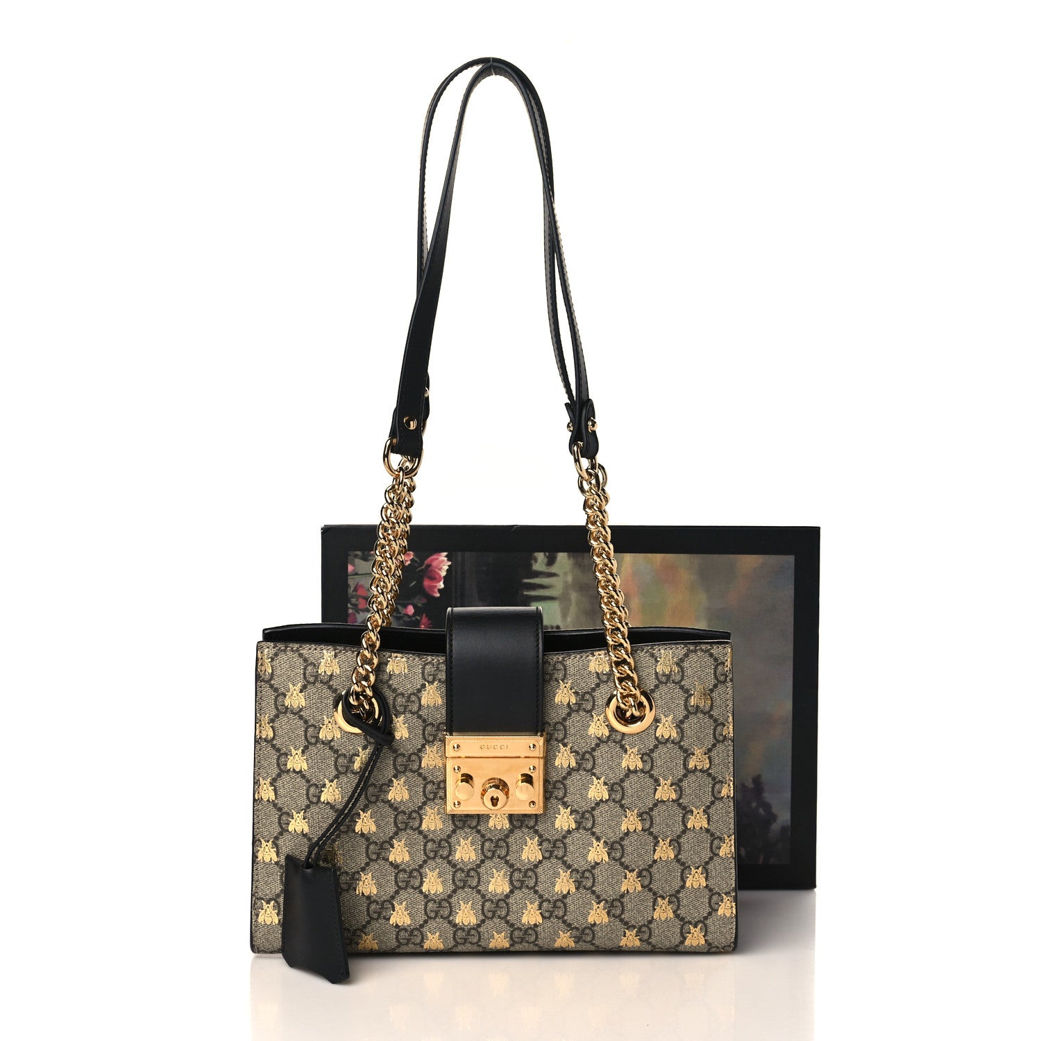 Gucci GG Supreme Monogram Bees Small Padlock Tote Beige Oro Black 10 of 10