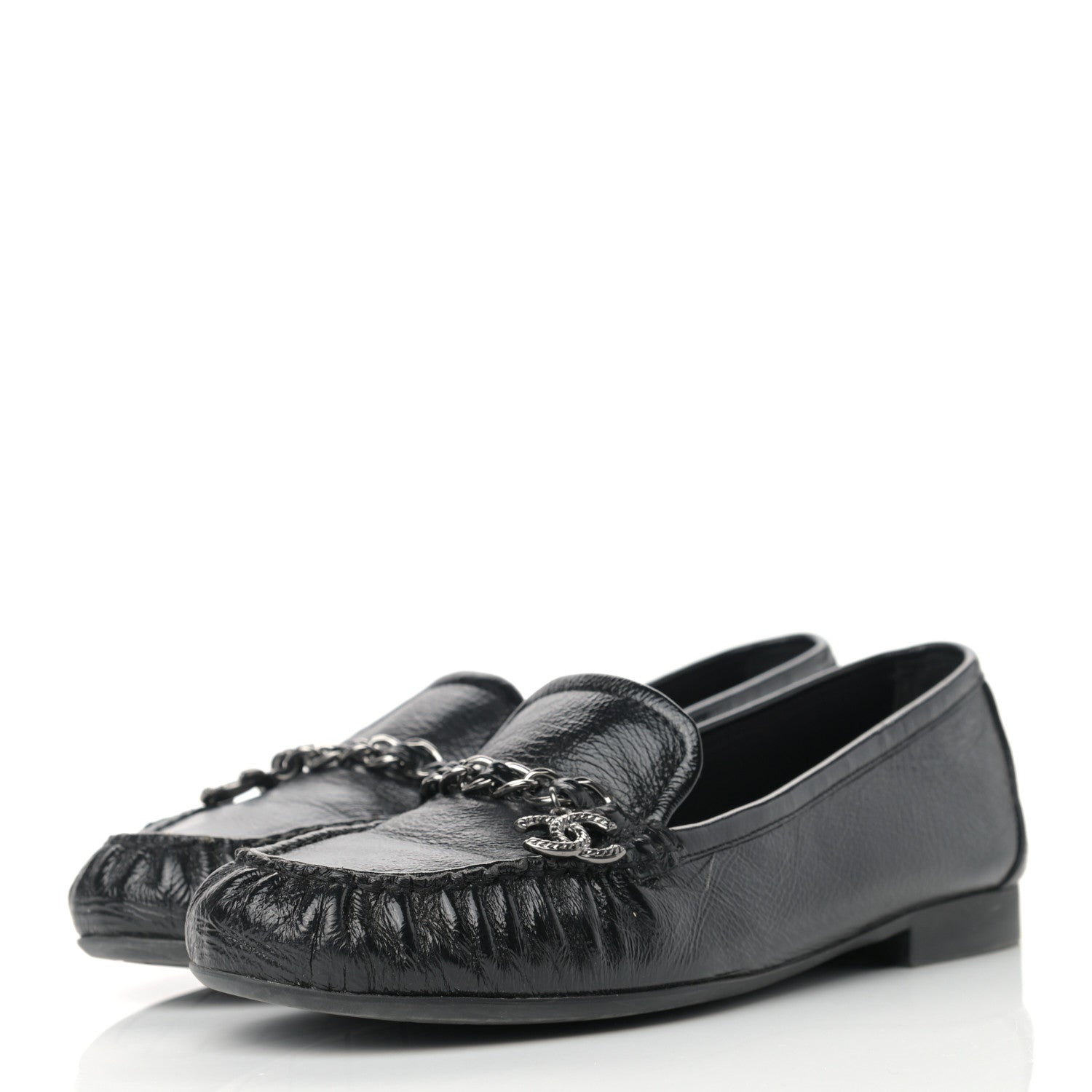 Chanel Crackled Patent Calfskin CC Mocassin Loafers 38.5 Black 3 of 11
