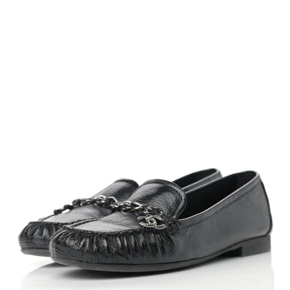 Chanel Crackled Patent Calfskin CC Mocassin Loafers 38.5 Black 3 of 11