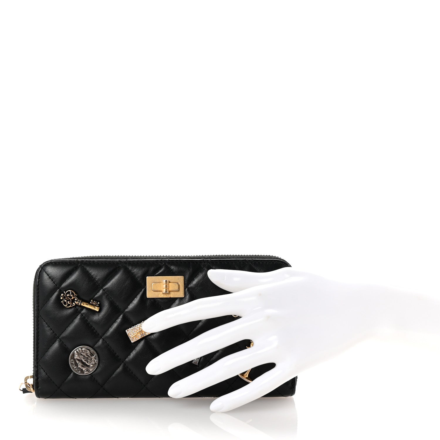 Chanel Aged Calfskin Quilted Lucky Charms 2.55 Reissue Zip Around Wallet Black 2 of 8