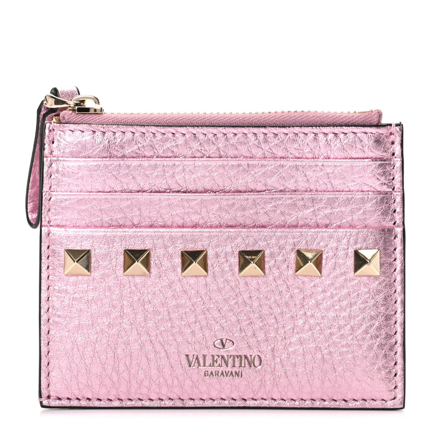 Metallic Pebbled Calfskin Rockstud Coin Case Card Holder Giacinto