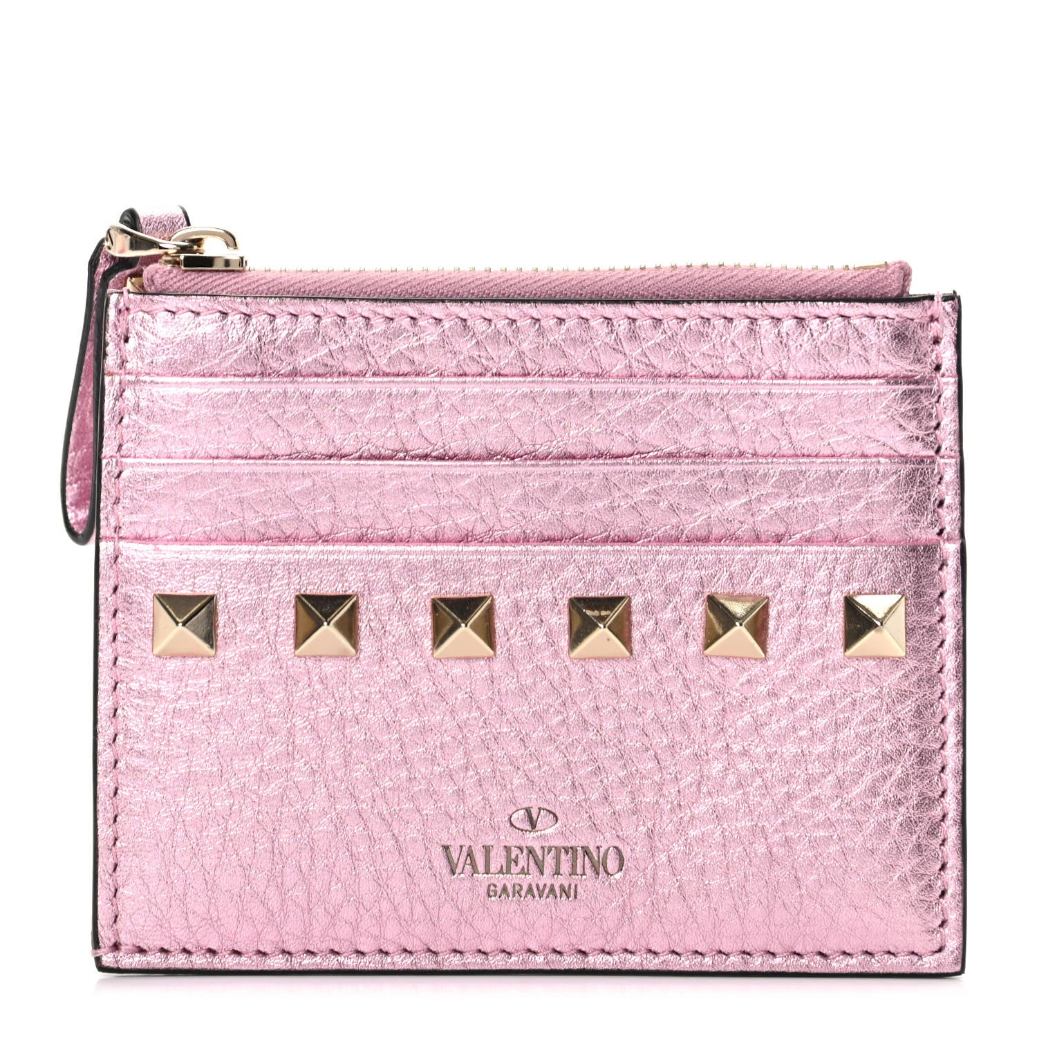 Valentino Garavani Metallic Pebbled Calfskin Rockstud Coin Case Card Holder Giacinto 1 of 7