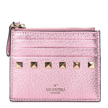Valentino Garavani Metallic Pebbled Calfskin Rockstud Coin Case Card Holder Giacinto 1 of 7