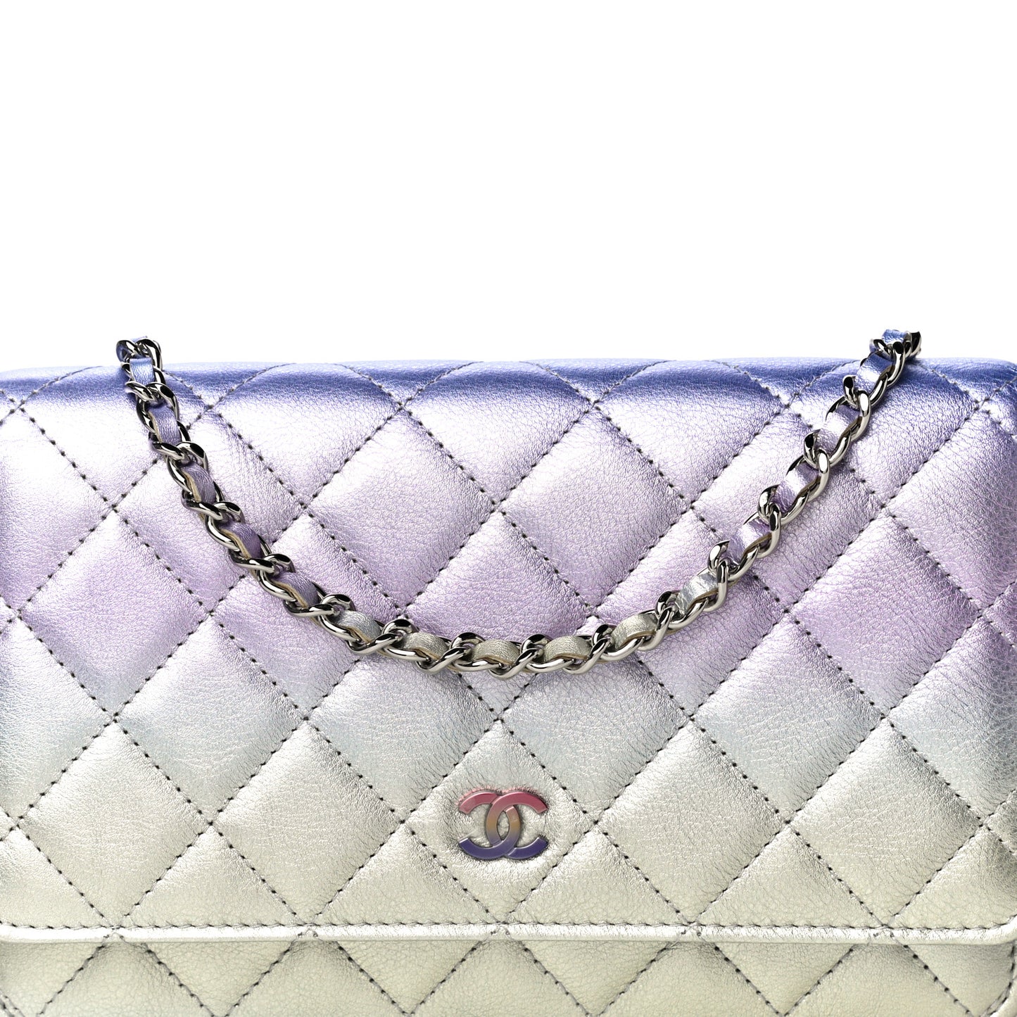 Gradient Metallic Calfskin Quilted Wallet On Chain WOC Silver Blue Yellow Purple