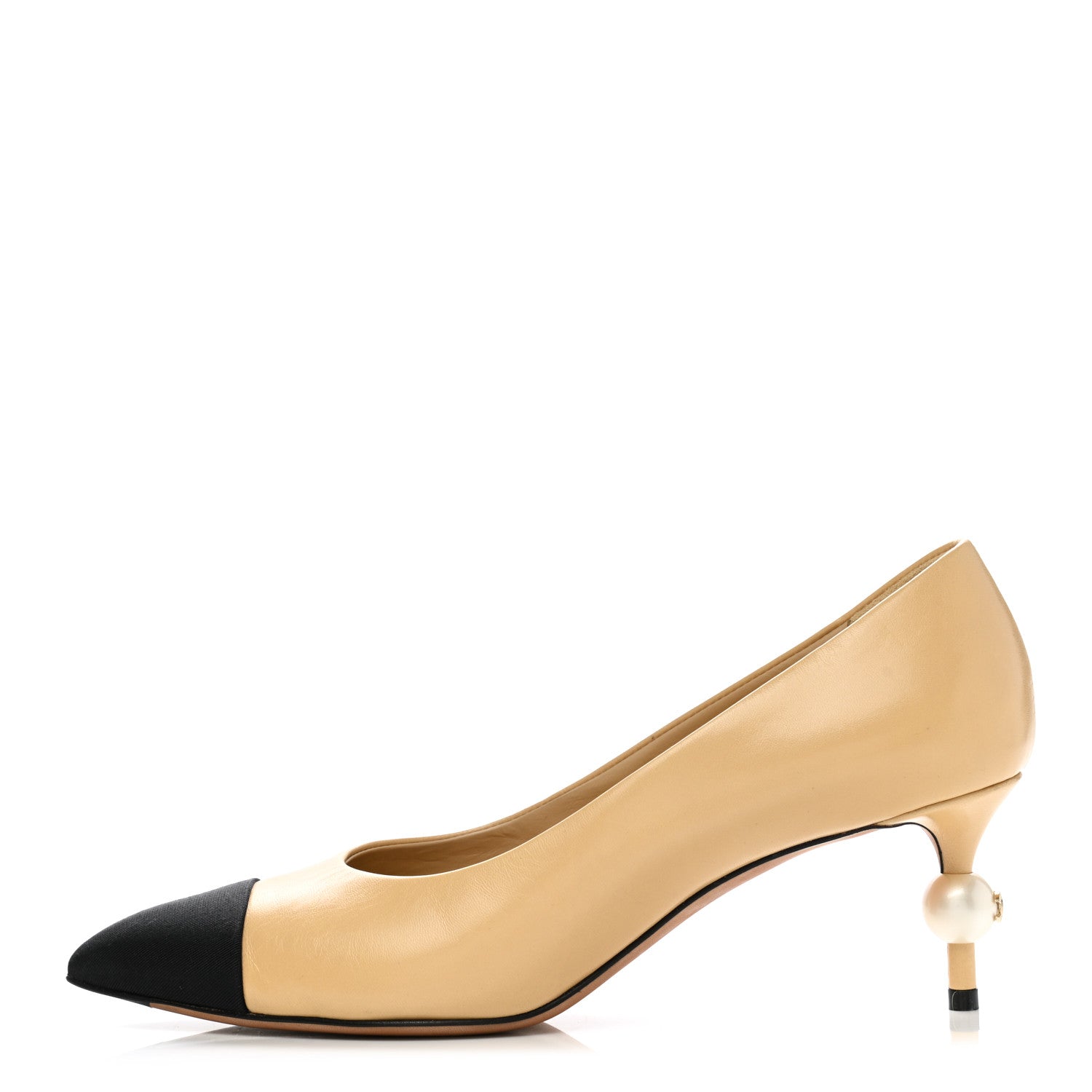 Chanel Lambskin Grosgrain Pearl Cap Toe Pumps 38 Beige Black 1 of 11