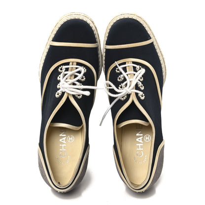 Chanel Silk Crepe Suede Calfskin Lace Up Wedge Espadrilles 39 Navy Grey 2 of 8