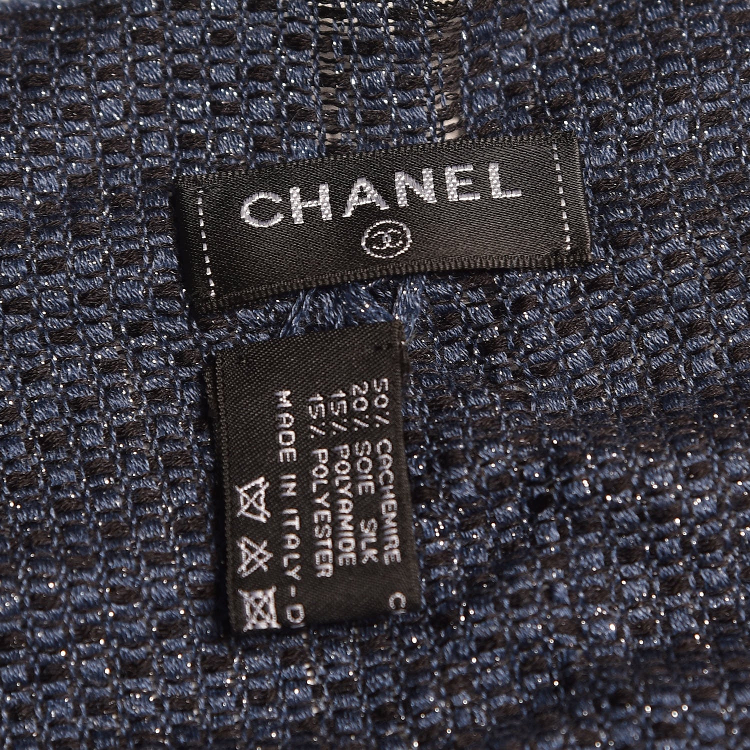 Chanel Cashmere Silk CC Fringe Scarf Blue Black 4 of 6