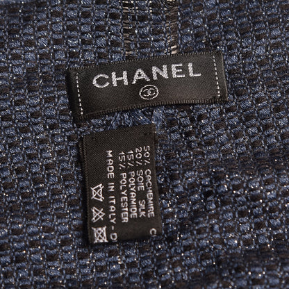 Chanel Cashmere Silk CC Fringe Scarf Blue Black 4 of 6