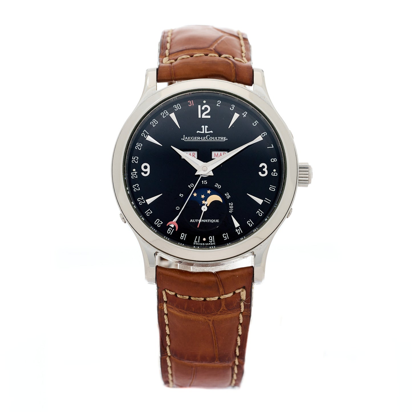 Stainless Steel Alligator 37mm Master Calendar Moon Phase Automatic Watch Black 140.8.98.S